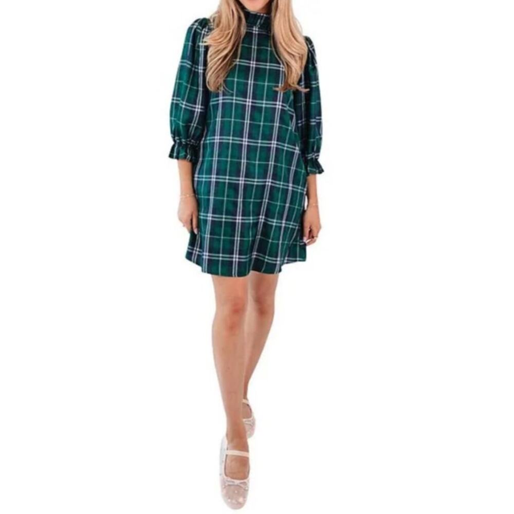 J.Marie Jordyn Plaid Mini Dress Green Navy Mock Neck Tie Back Ruffle Size L